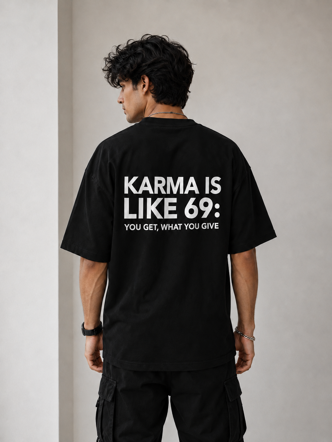 Karma Is Like 69 | Premium Oversized Black T-Shirt | Label 28
