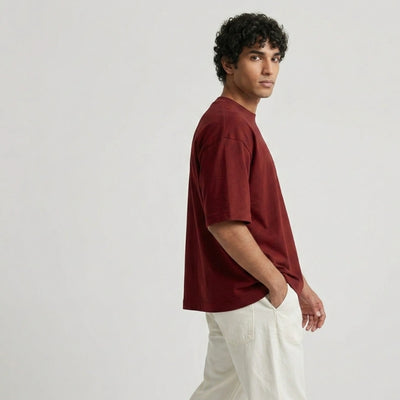 Cotton  Boxy Fit T-Shirt-Maroon