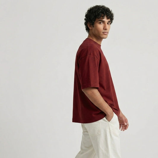 Cotton  Boxy Fit T-Shirt-Maroon
