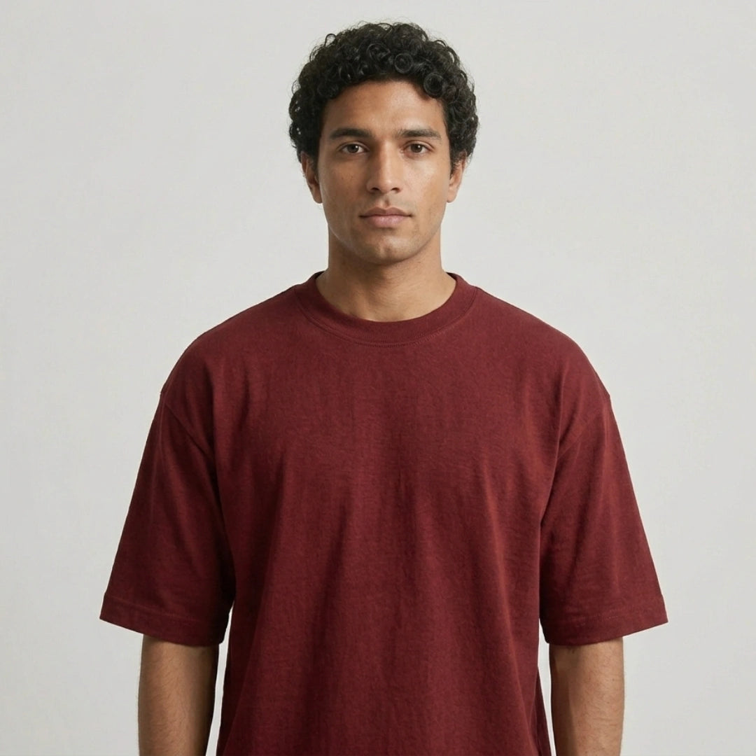 Cotton  Boxy Fit T-Shirt-Maroon