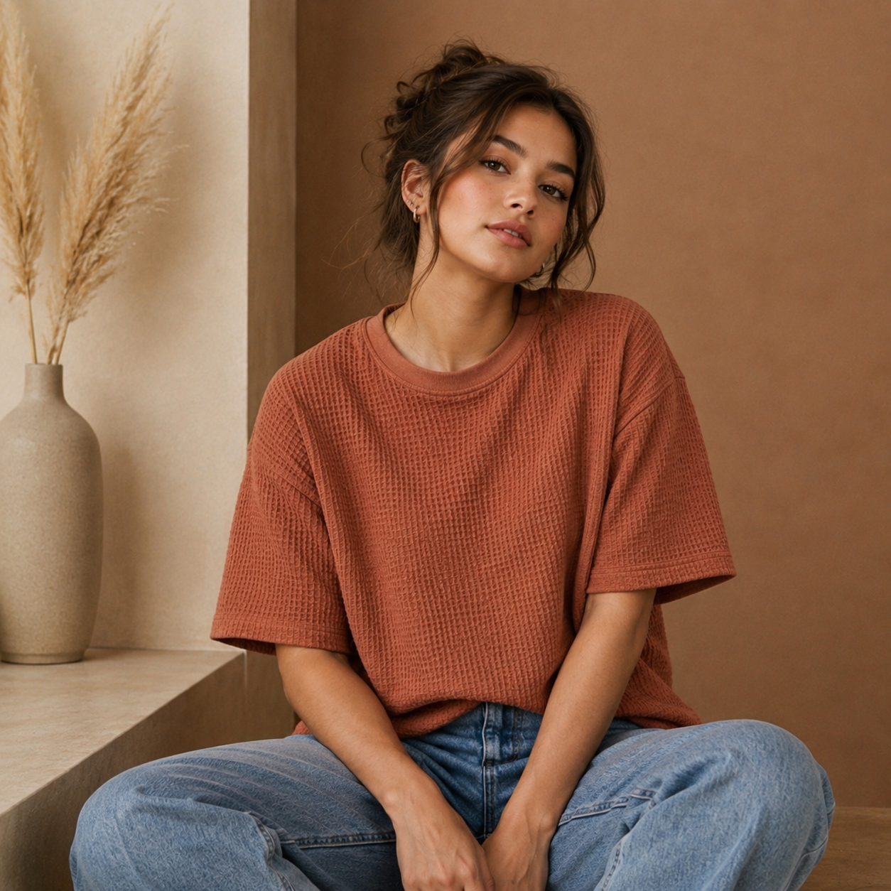 Waffle Boxy Fit Tee Under ₹699 | Cinnamon Brown Color