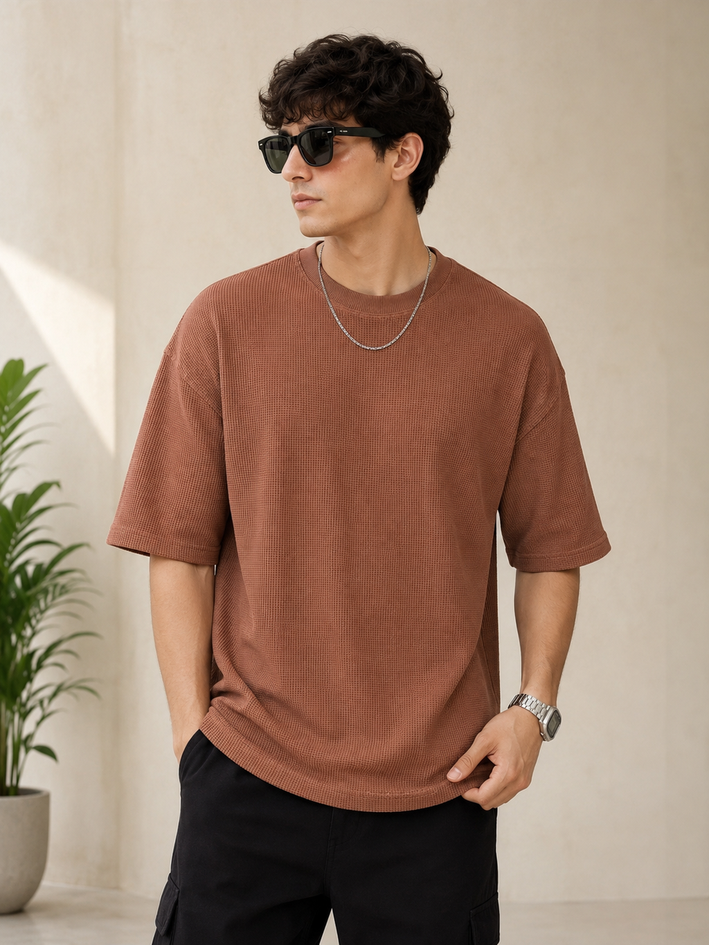 Waffle Boxy Fit Tee Under ₹699 | Cinnamon Brown