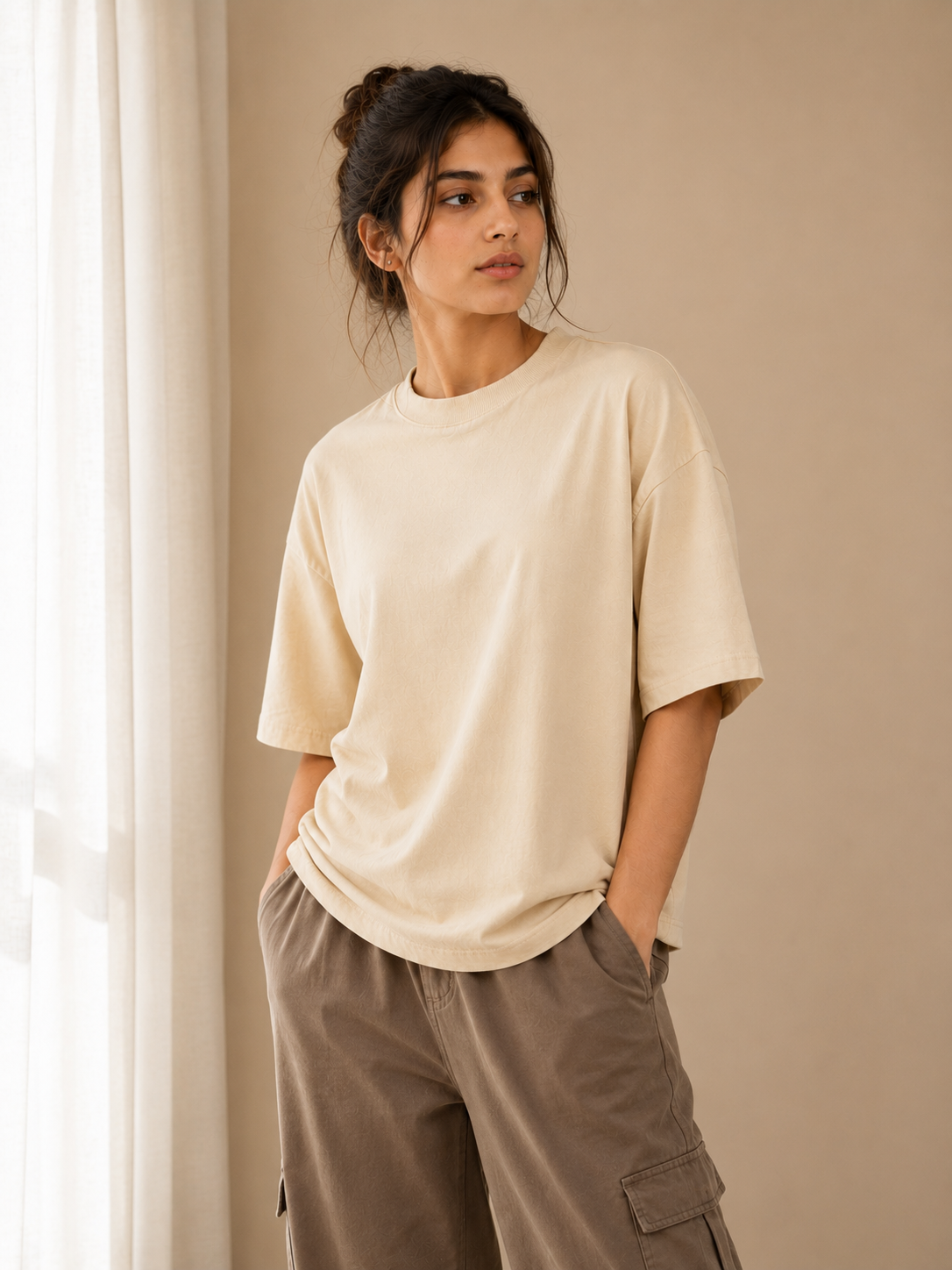 Cotton Boxy Fit T-Shirt - Beige Color