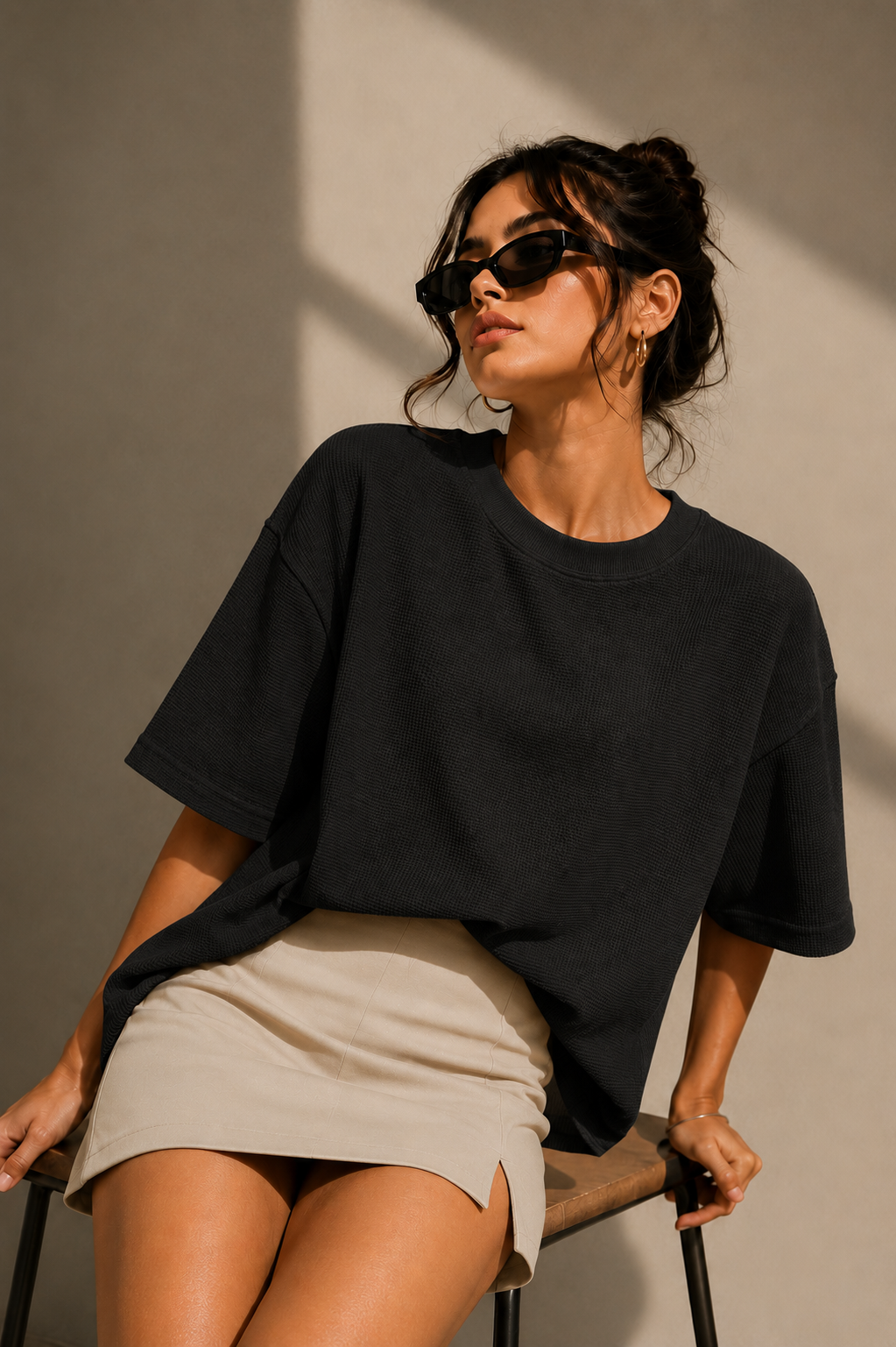 Waffle Boxy Fit Tee Under ₹699 | Black Color