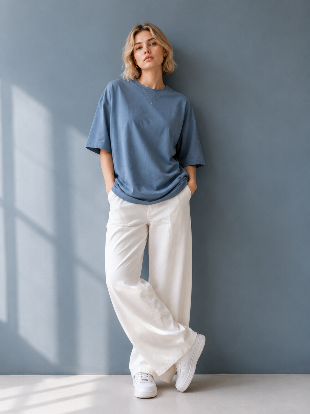Cotton  Boxy Fit T-Shirt - Steel Blue Color
