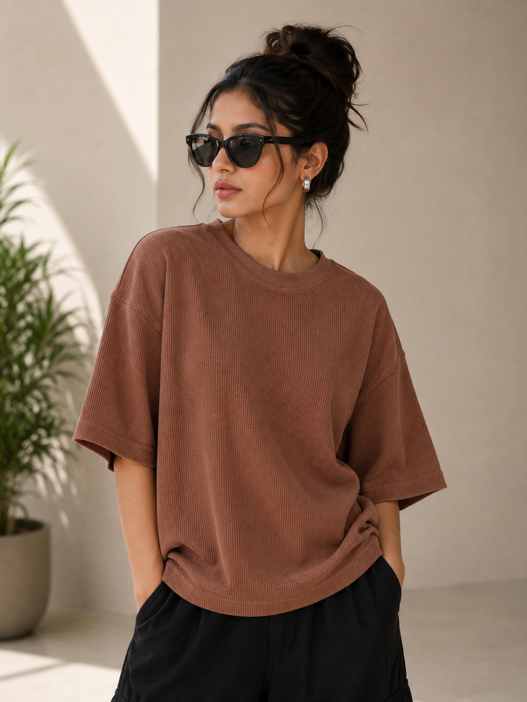 Waffle Boxy Fit Tee Under ₹699 | Cinnamon Brown Color
