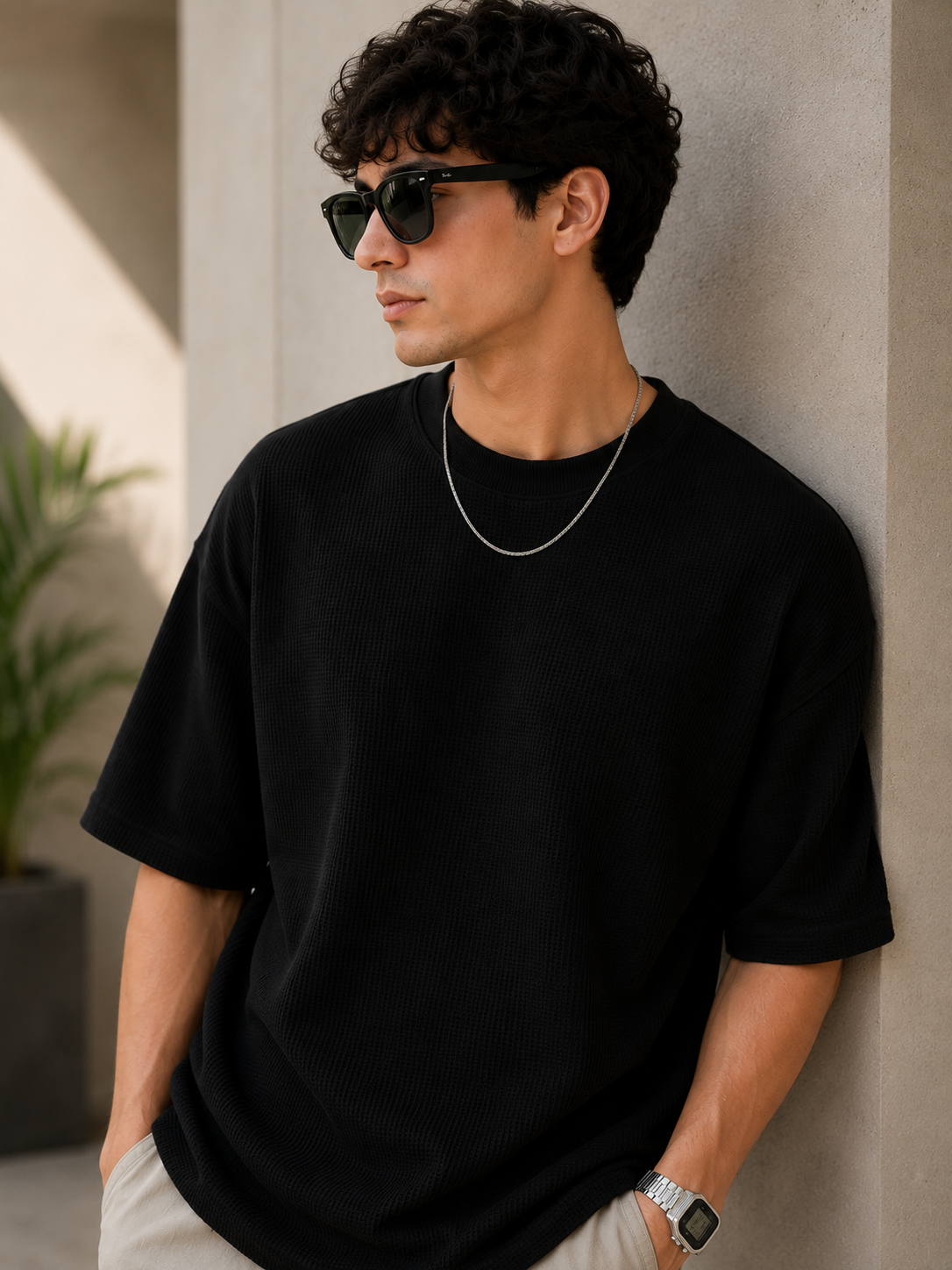 Waffle Knit Boxy Fit Tee Under ₹699 | Black