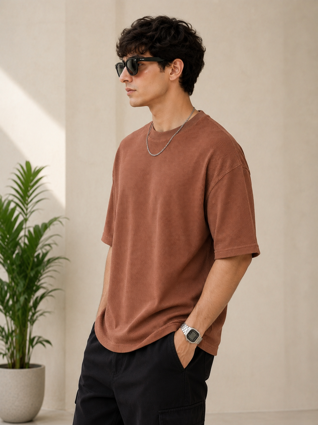 Waffle Boxy Fit Tee Under ₹699 | Cinnamon Brown