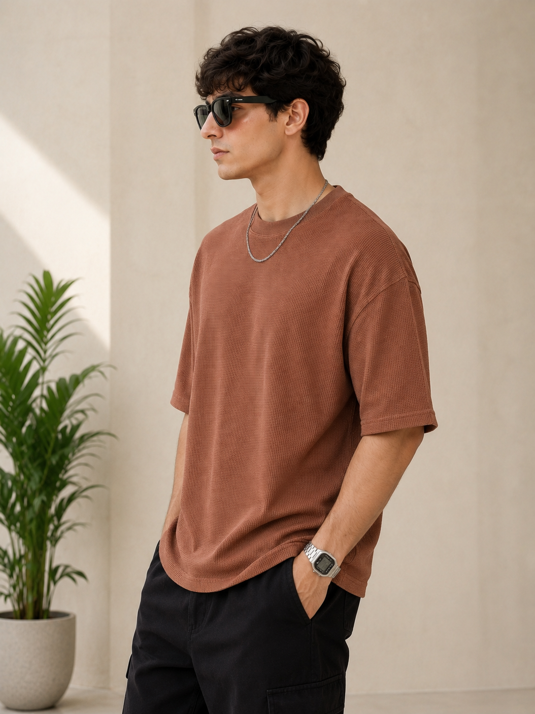 Waffle Boxy Fit Tee Under ₹699 | Cinnamon Brown