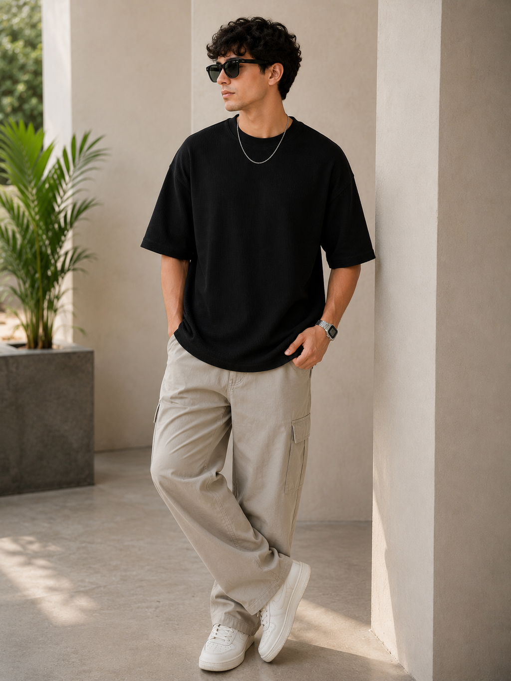 Waffle Knit Boxy Fit Tee Under ₹699 | Black