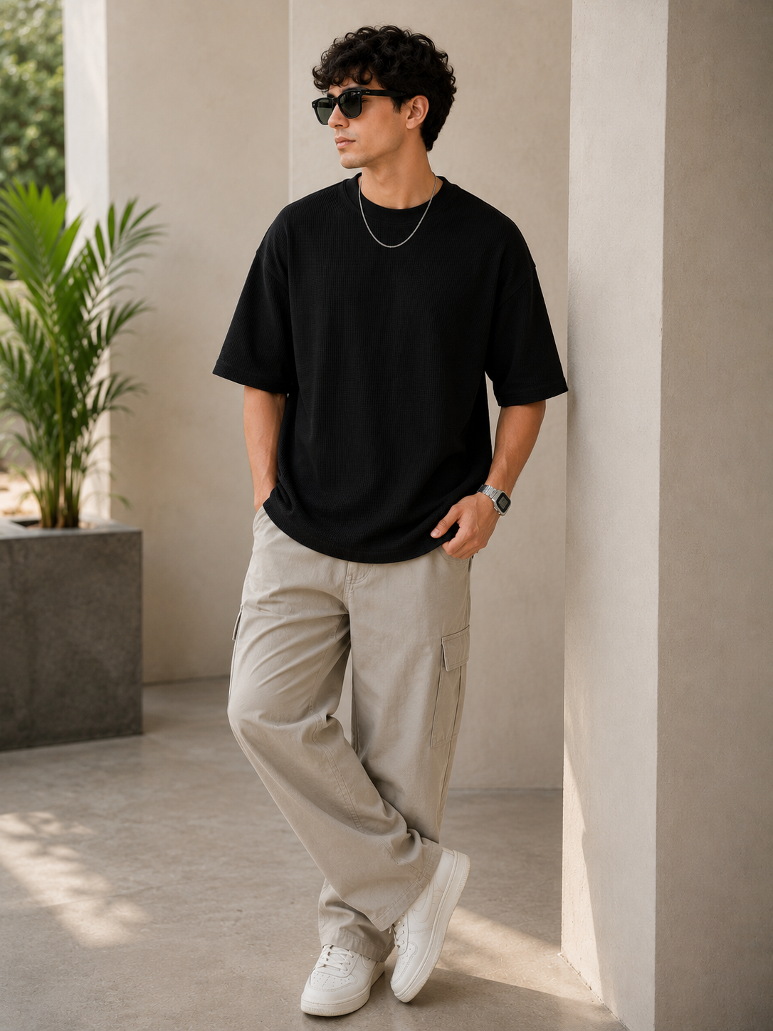 Waffle Knit Boxy Fit Tee Under ₹699 | Black