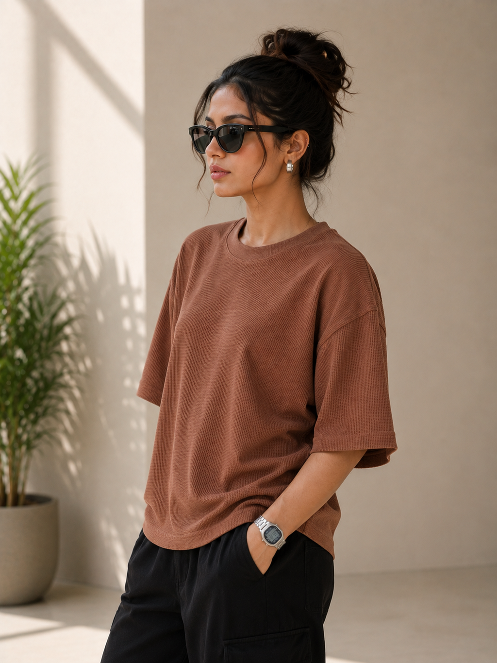 Waffle Boxy Fit Tee Under ₹699 | Cinnamon Brown Color