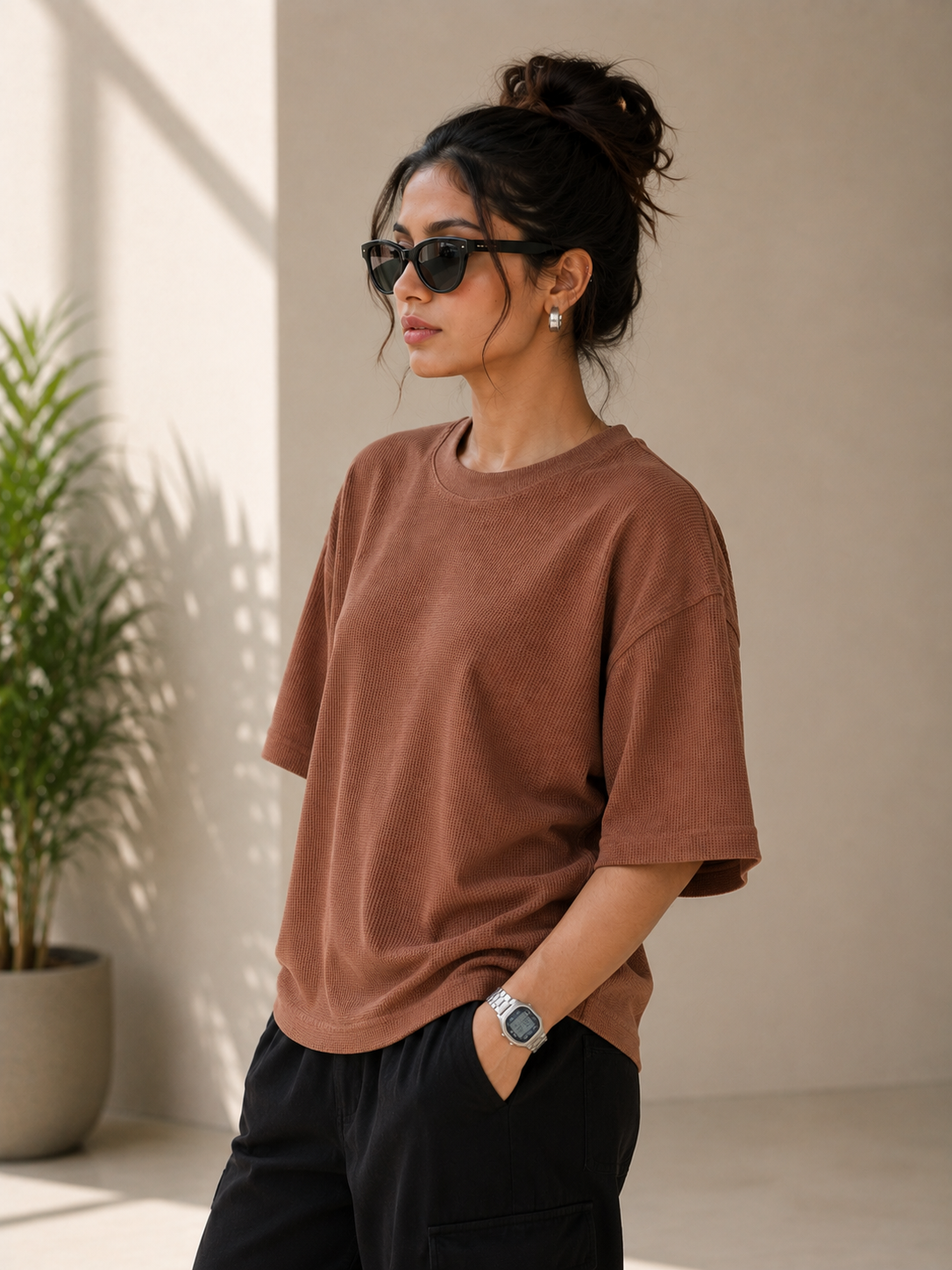 Waffle Boxy Fit Tee Under ₹699 | Cinnamon Brown Color