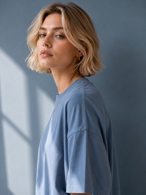 Cotton  Boxy Fit T-Shirt - Steel Blue Color