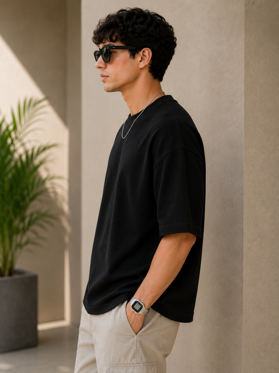 Waffle Knit Boxy Fit Tee Under ₹699 | Black