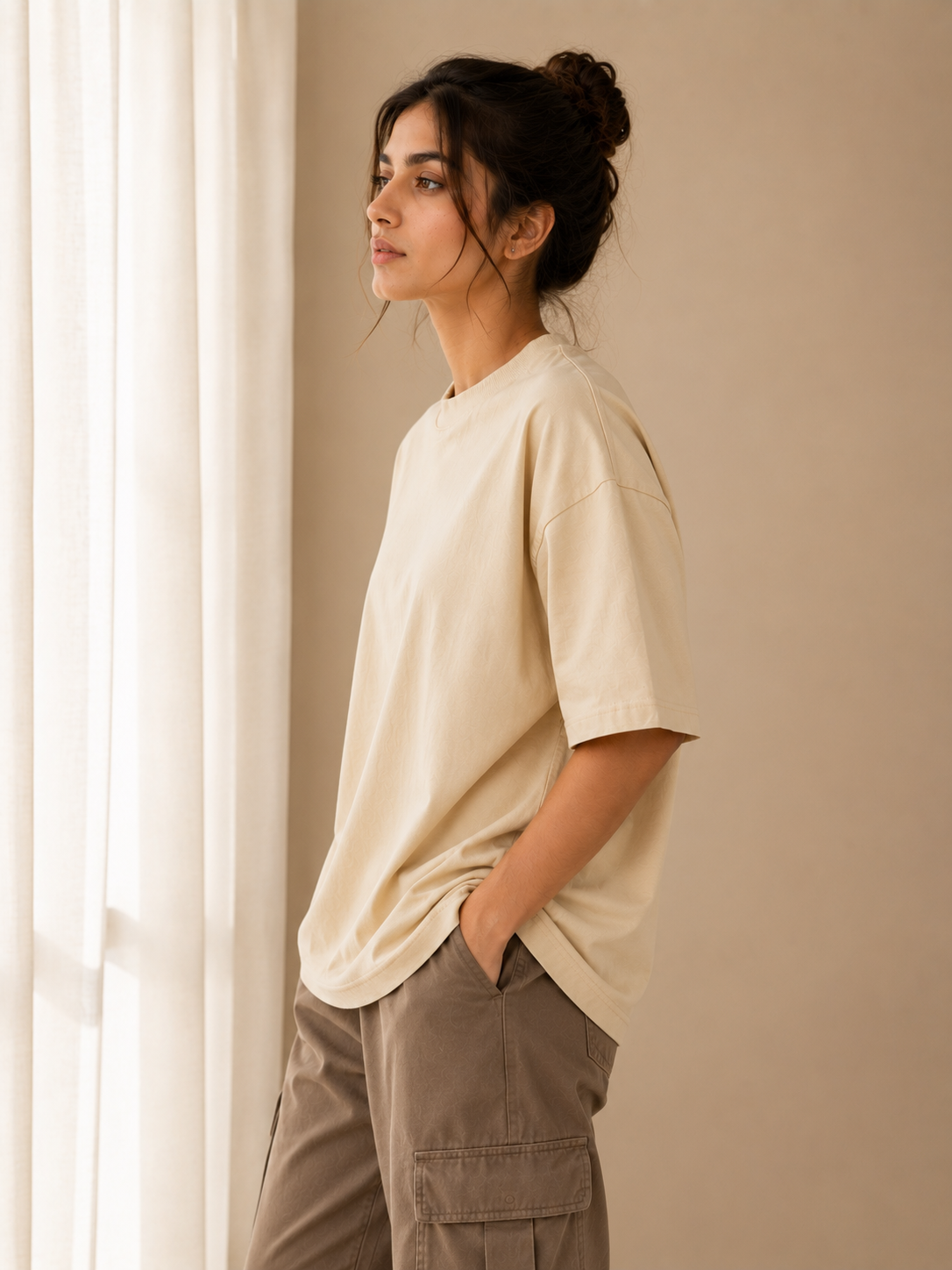 Cotton Boxy Fit T-Shirt - Beige Color