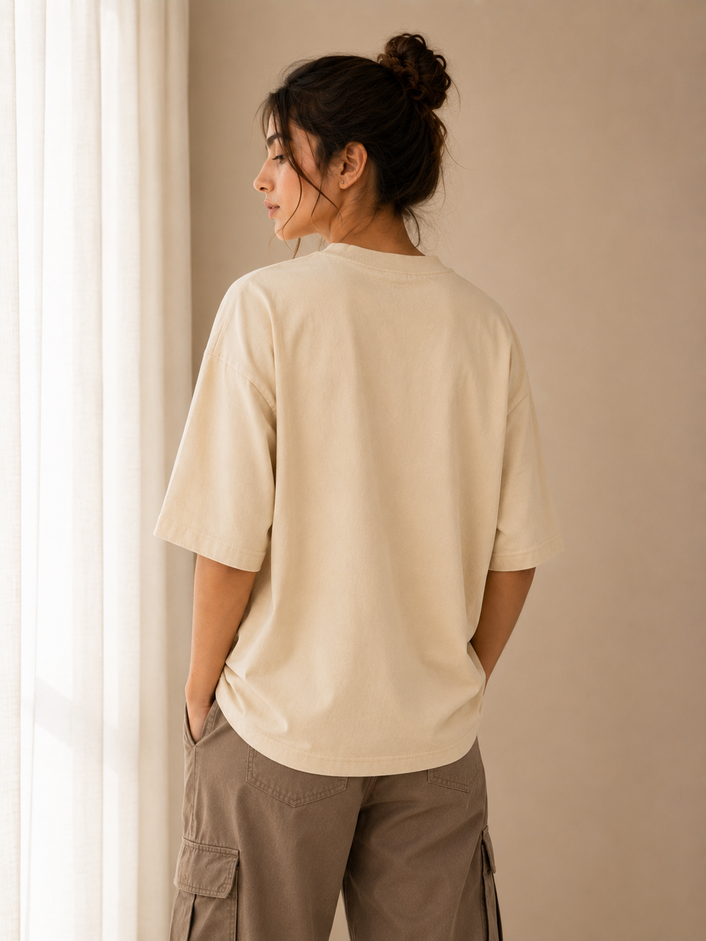 Cotton Boxy Fit T-Shirt - Beige Color