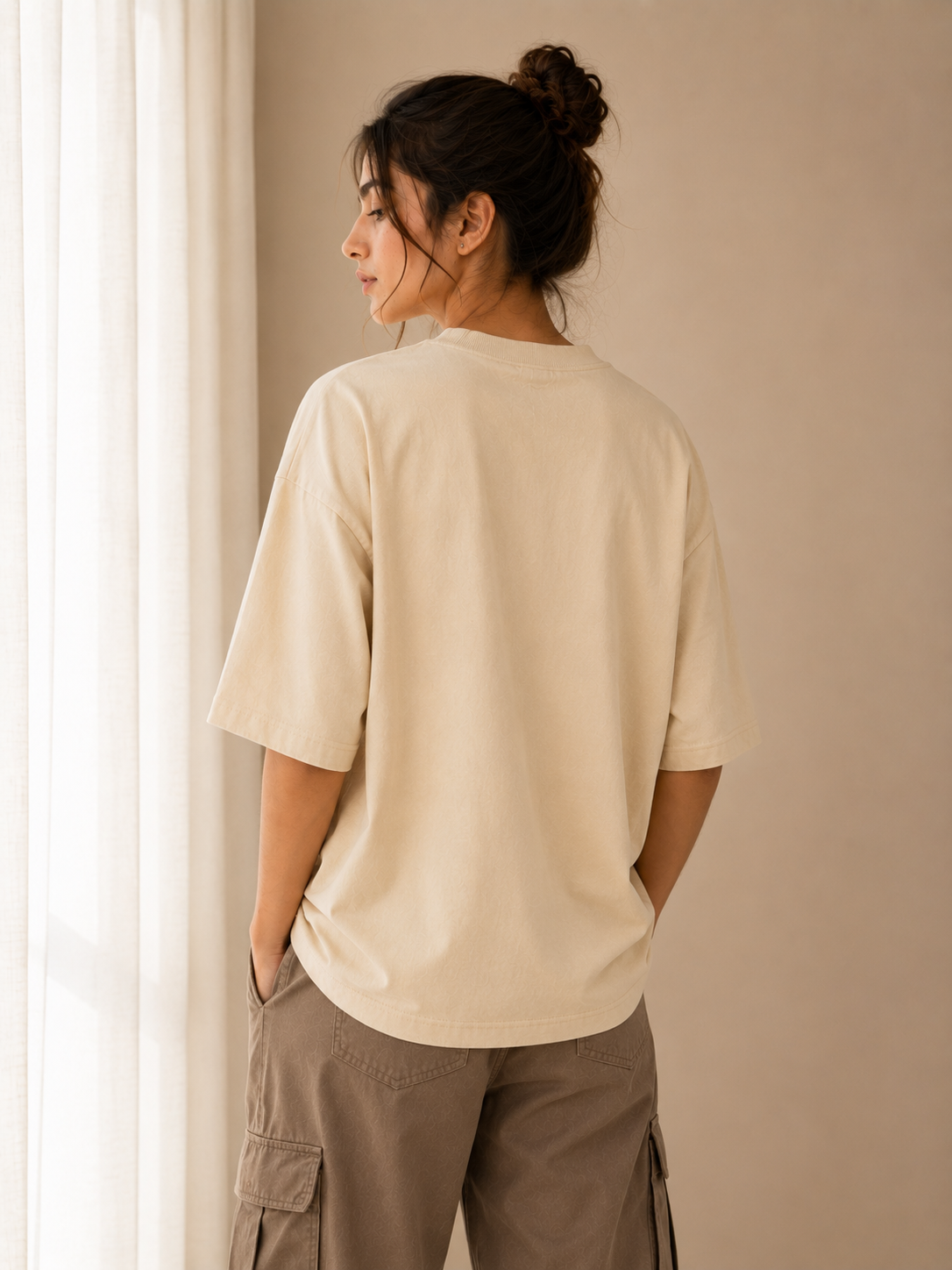 Cotton Boxy Fit T-Shirt - Beige Color