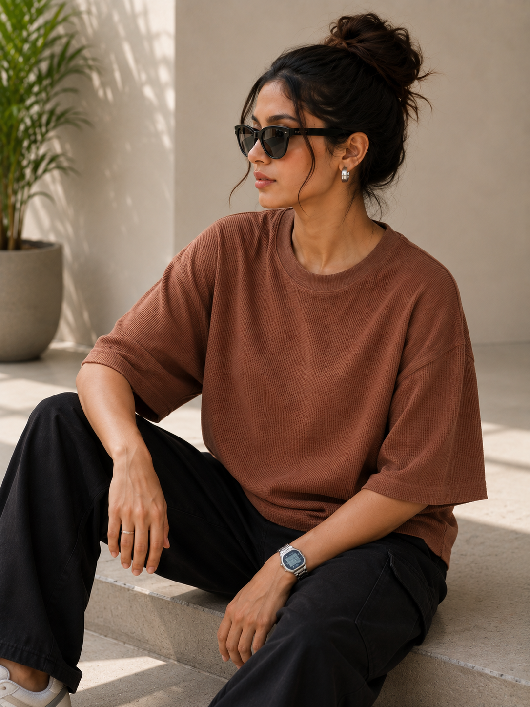 Waffle Boxy Fit Tee Under ₹699 | Cinnamon Brown Color