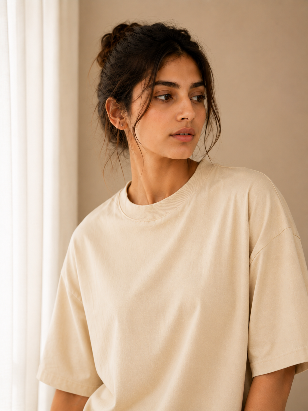 Cotton Boxy Fit T-Shirt - Beige Color