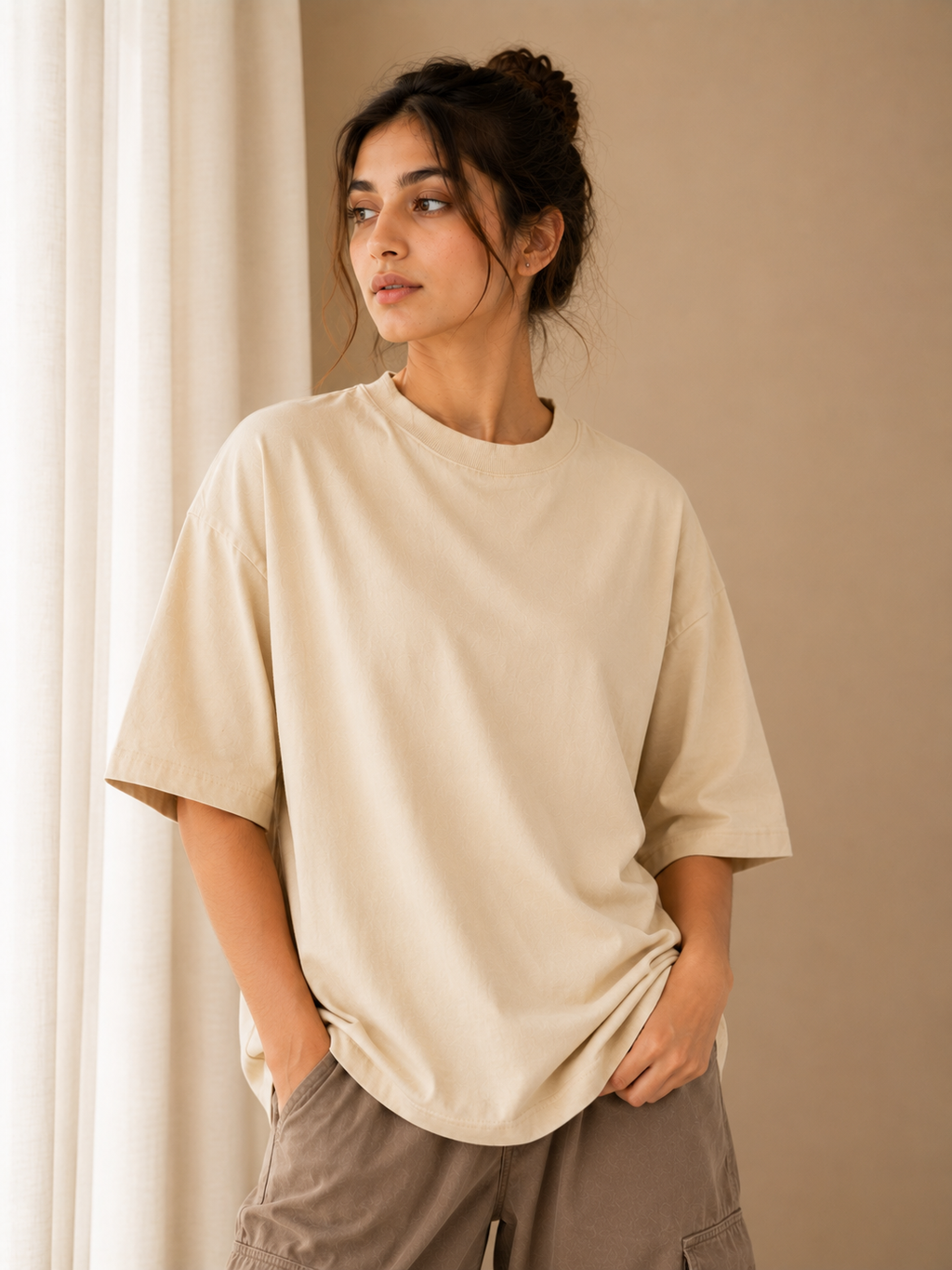 Cotton Boxy Fit T-Shirt - Beige Color