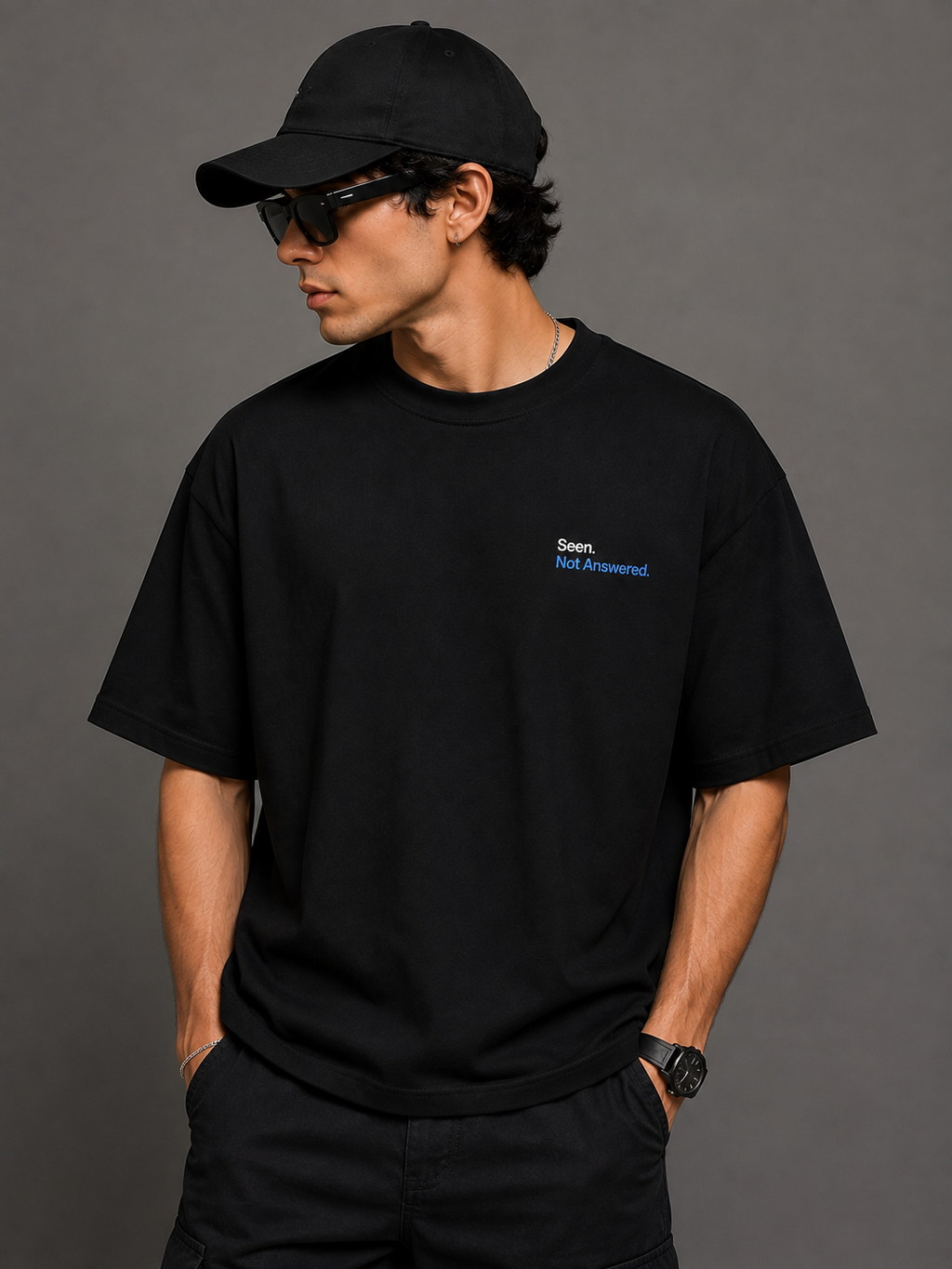 Seen. Not Answered. – Black Oversized Boxy Fit T-Shirt