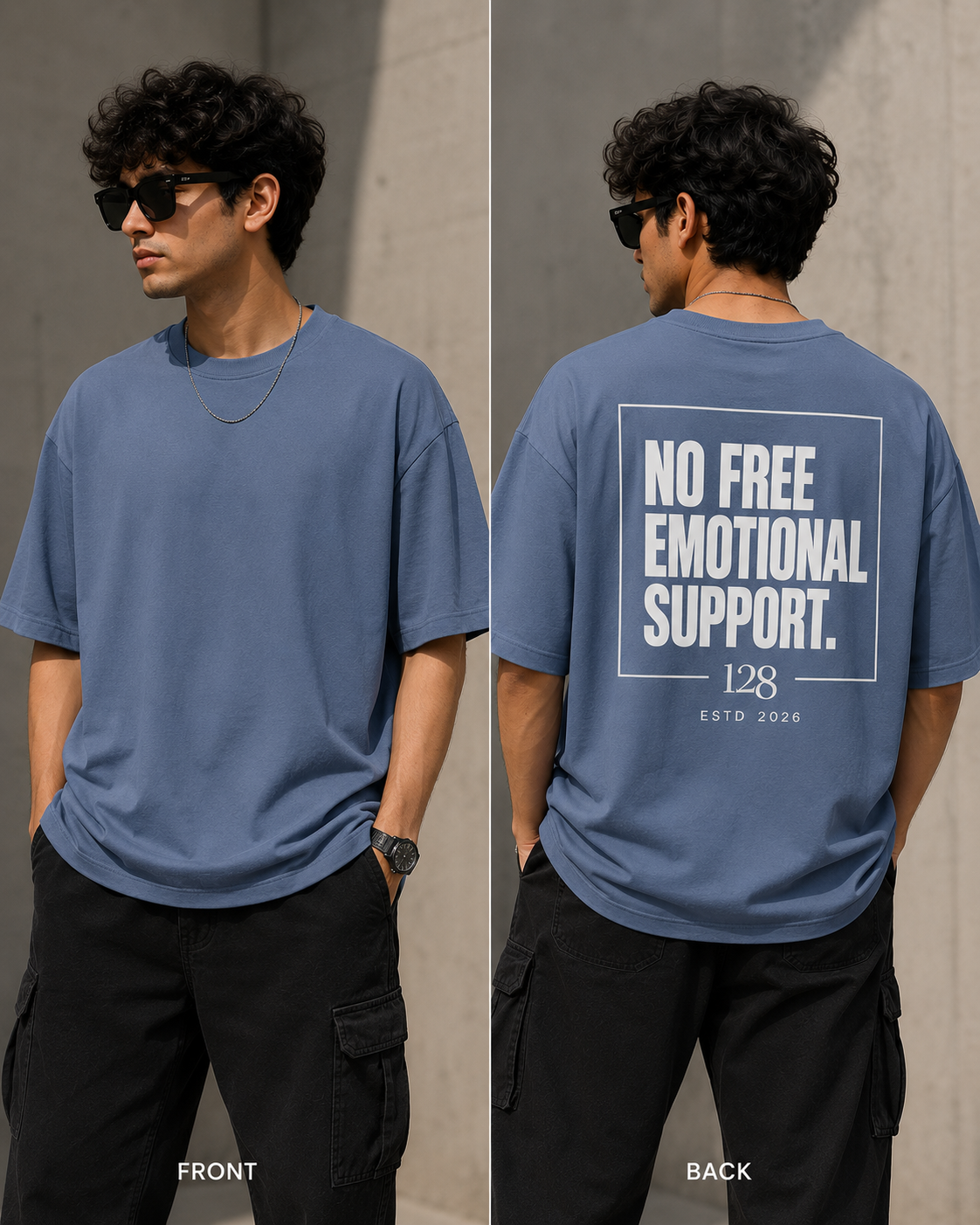 NO FREE EMOTIONAL SUPPORT. | Premium Oversized Steel Blue T-Shirt | Label 28