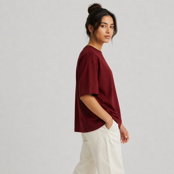 Cotton  Boxy Fit T-Shirt-Maroon Color