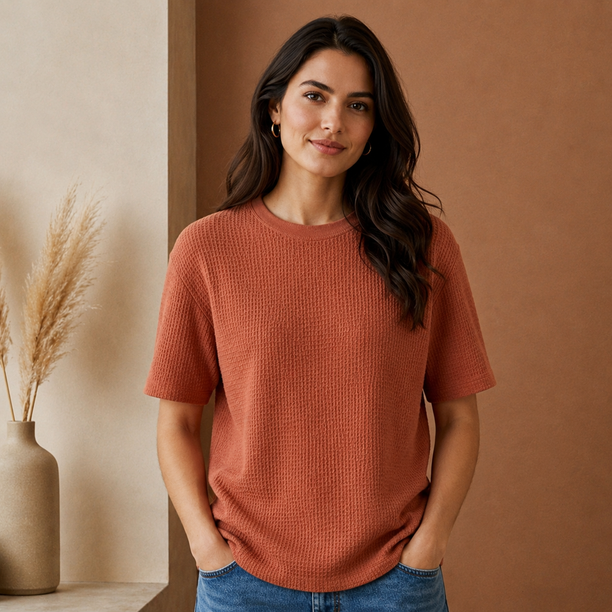 Waffle Boxy Fit Tee Under ₹699 | Cinnamon Brown Color