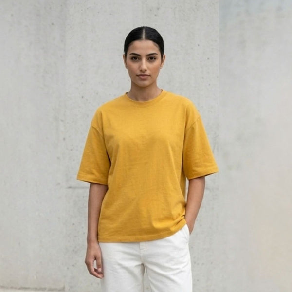 Cotton Boxy Fit T-Shirt - Mustard Yellow Color