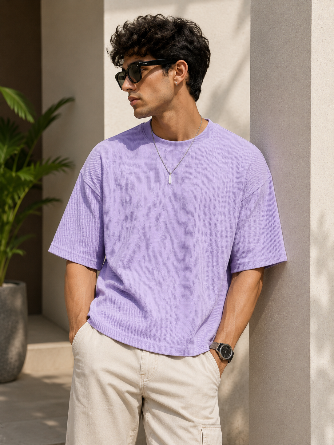 Waffle Knit Boxy Fit T-Shirt Under ₹699 | Lavender