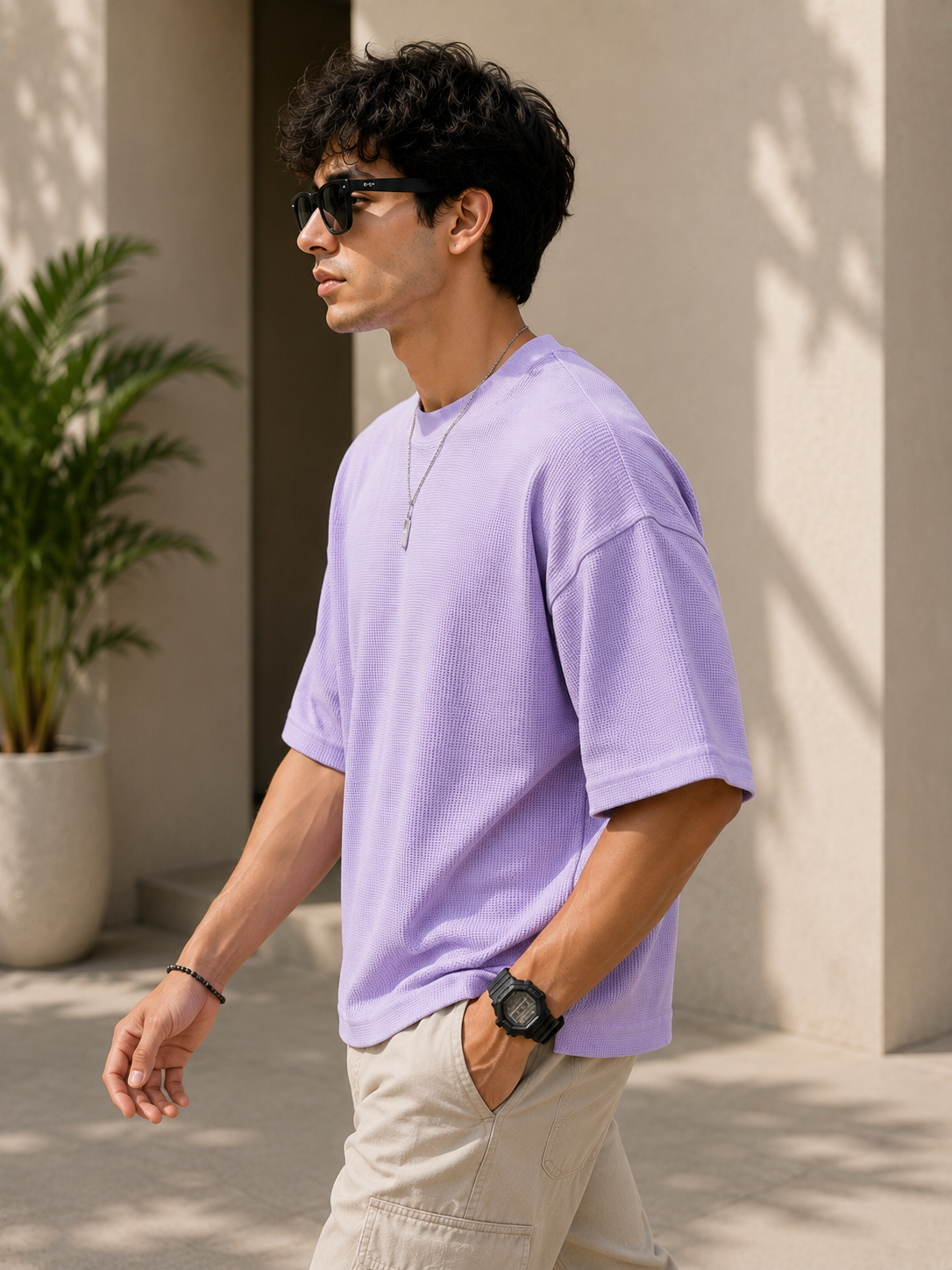 Waffle Knit Boxy Fit T-Shirt Under ₹699 | Lavender