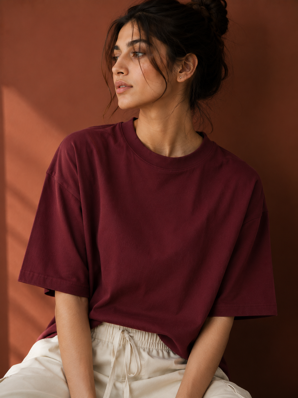 Cotton  Boxy Fit T-Shirt-Maroon Color