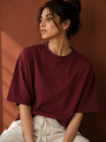 Cotton  Boxy Fit T-Shirt-Maroon Color
