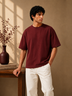 Cotton  Boxy Fit T-Shirt-Maroon