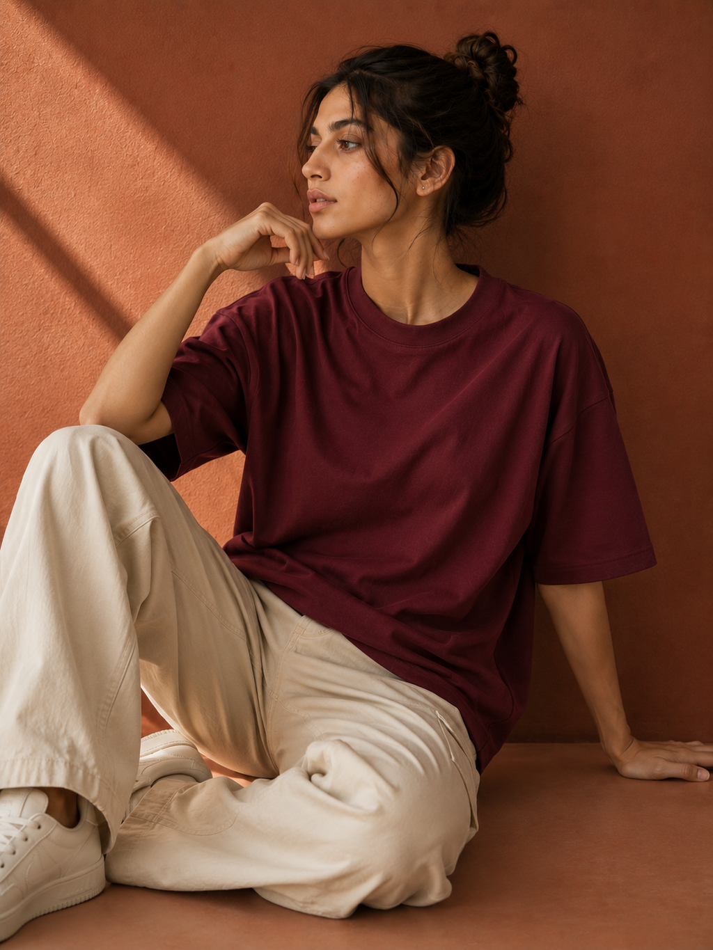 Cotton  Boxy Fit T-Shirt-Maroon Color