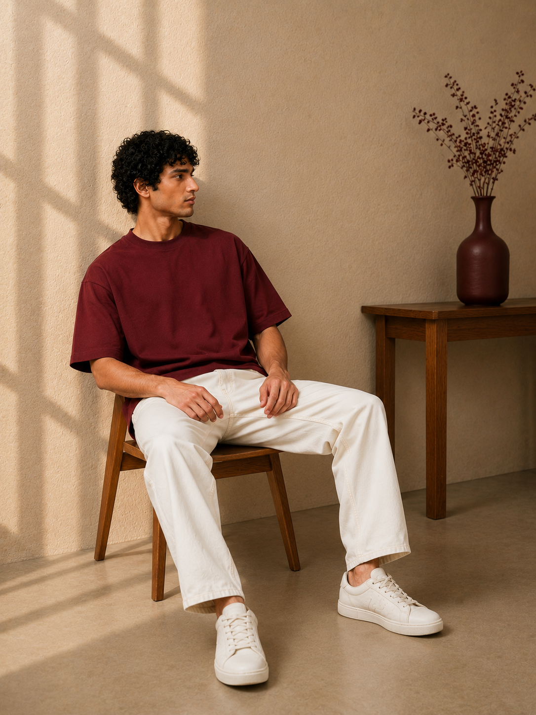 Cotton  Boxy Fit T-Shirt-Maroon