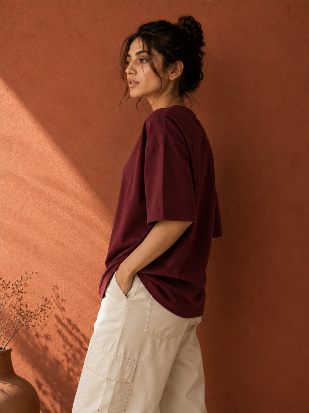 Cotton  Boxy Fit T-Shirt-Maroon Color