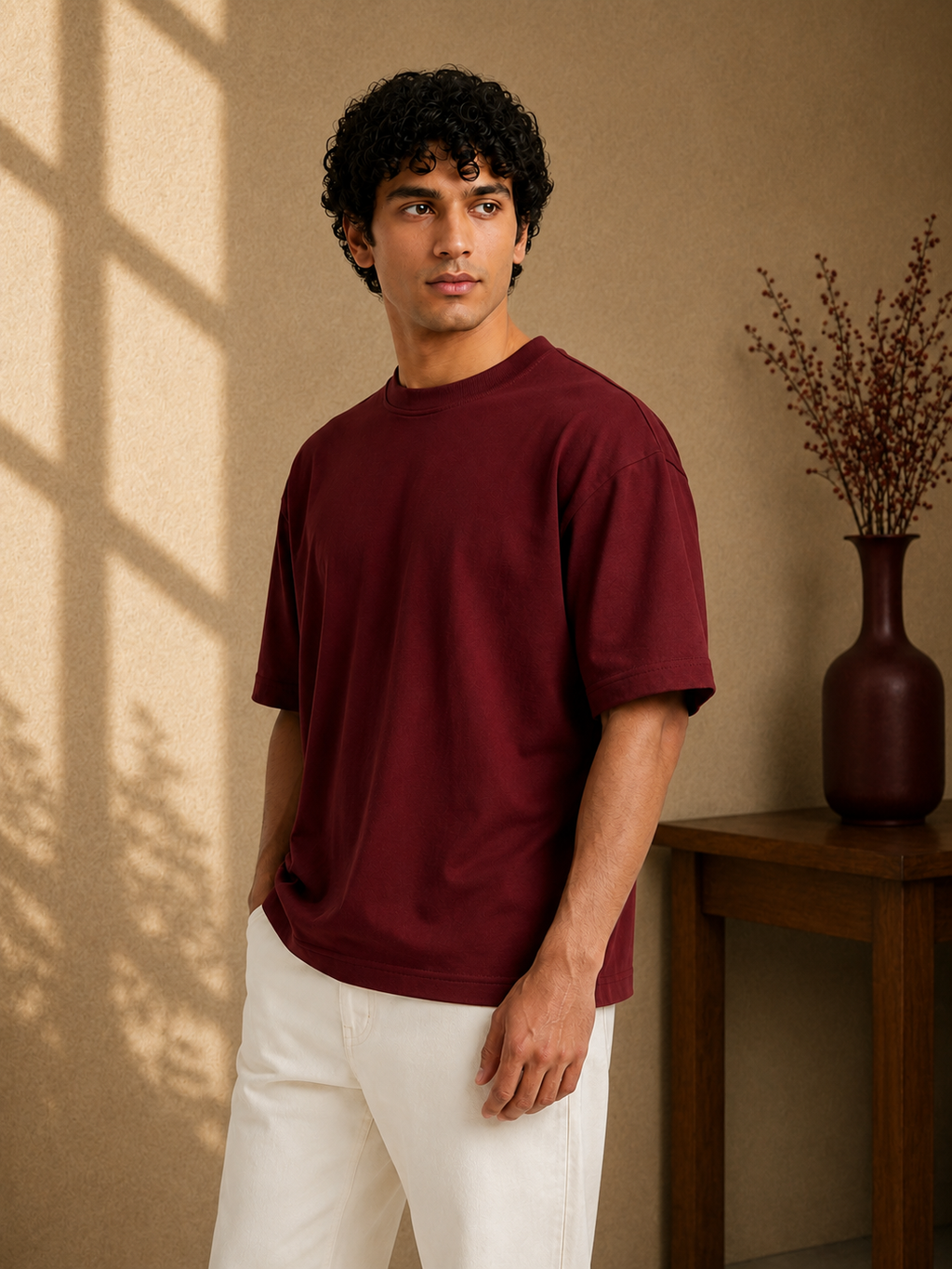 Cotton  Boxy Fit T-Shirt-Maroon