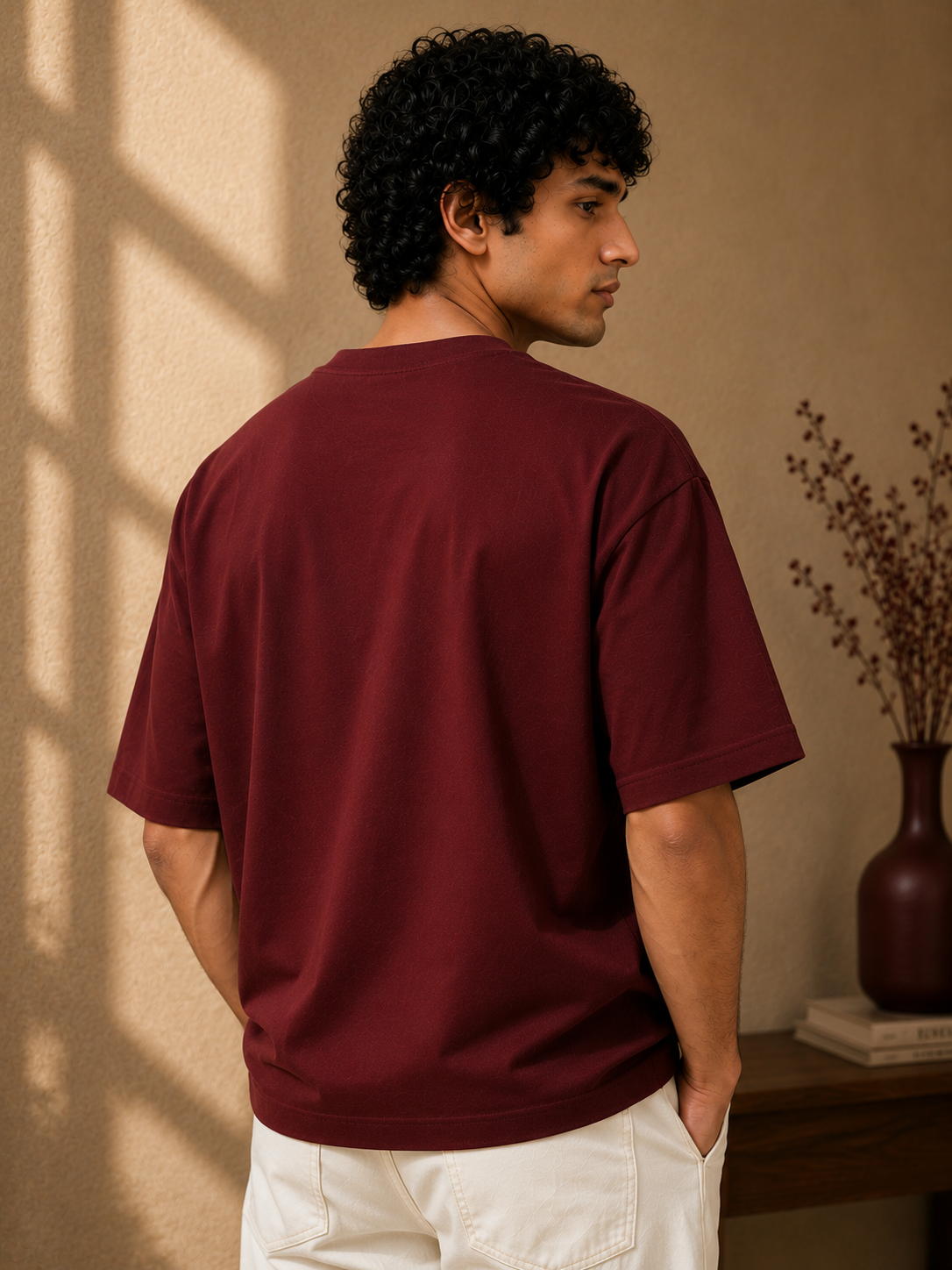 Cotton  Boxy Fit T-Shirt-Maroon
