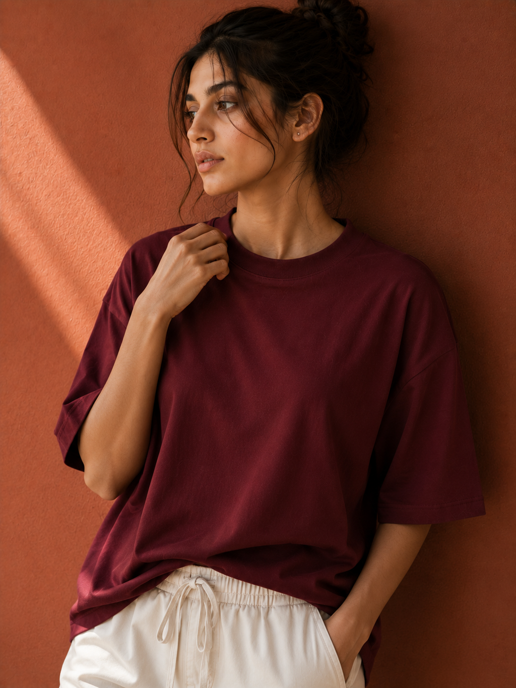 Cotton  Boxy Fit T-Shirt-Maroon Color
