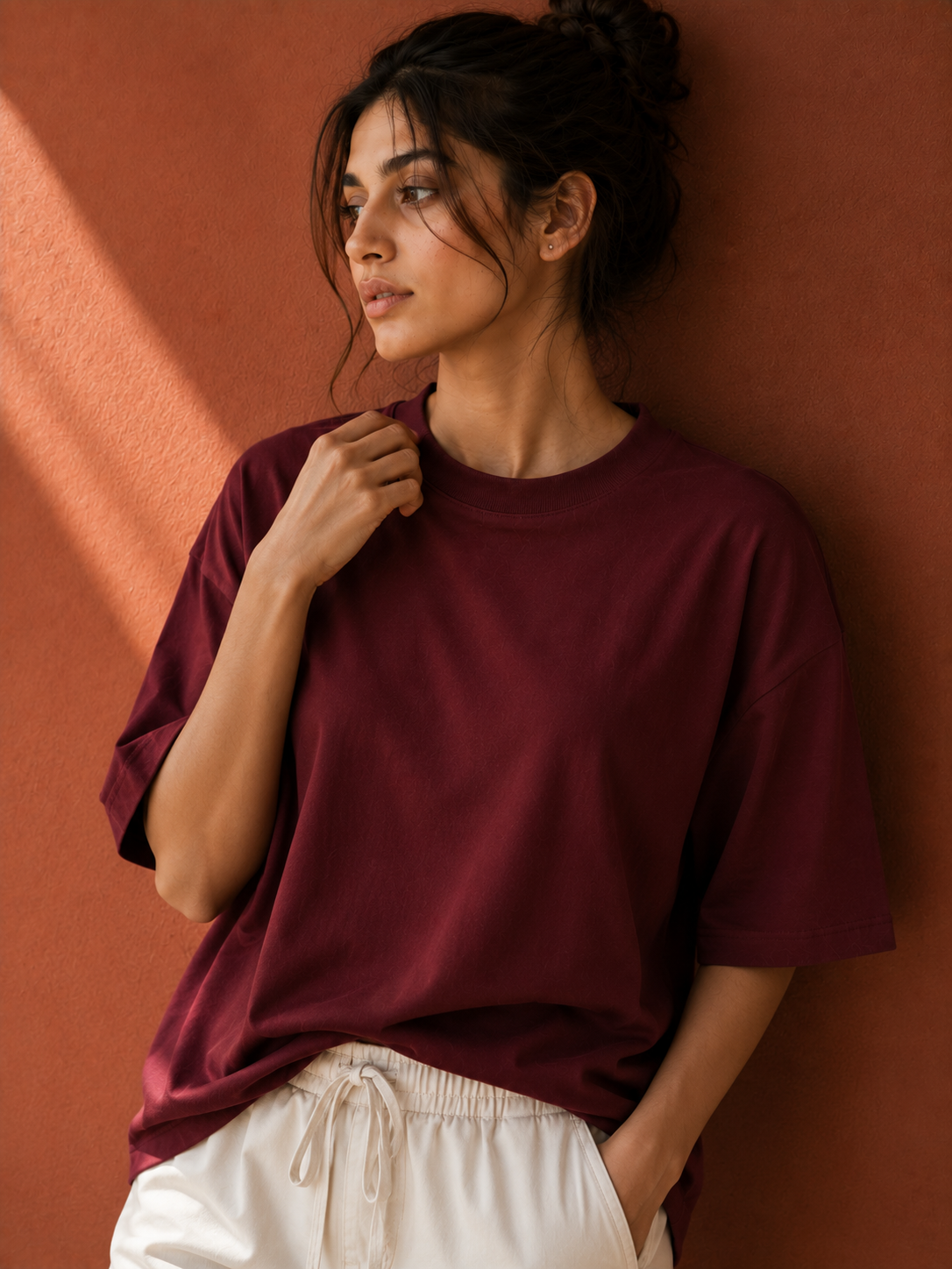 Cotton  Boxy Fit T-Shirt-Maroon Color