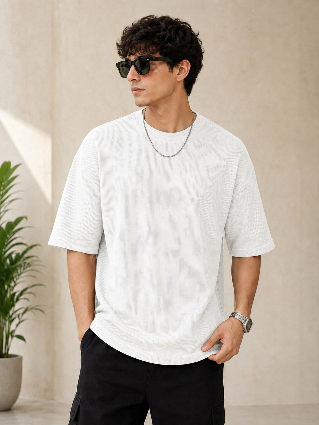 Waffle Knit Boxy Fit Tee Under ₹699 | White