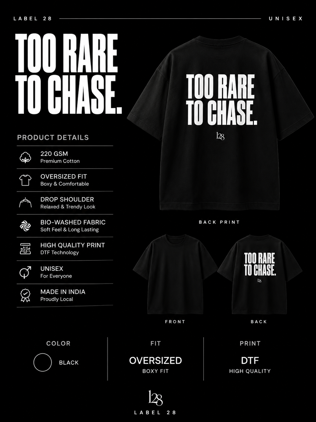 Too Rare To Chase. | Premium Oversized Black T-Shirt | Label 28